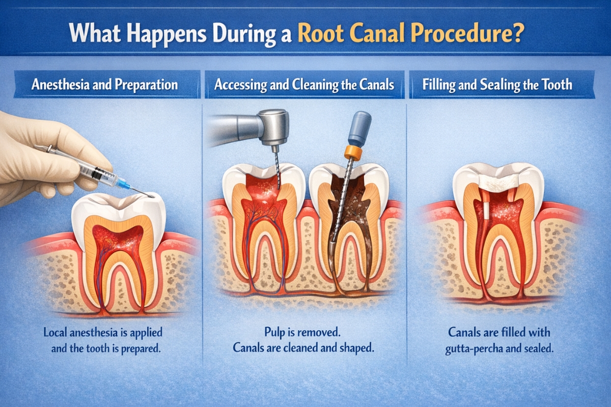 Step by step root canal procedure showing anesthesia cleaning canals and sealing the tooth
